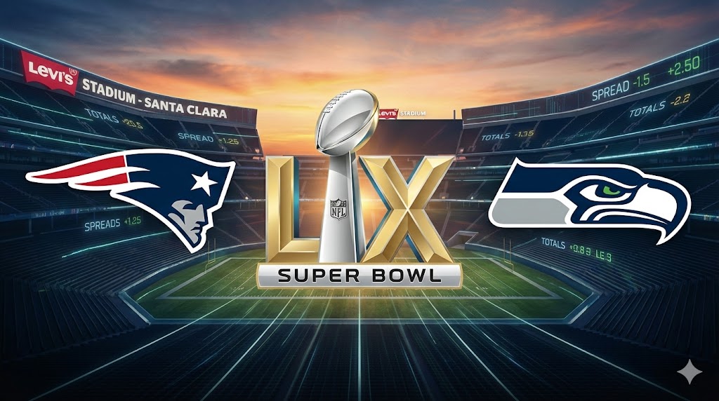 Esta composición cumple con tus requisitos: es épica, no incluye personas y destaca los logos de los equipos y del Super Bowl LX en el escenario del partido, integrando sutilmente el tema de las apuestas con las líneas digitales.