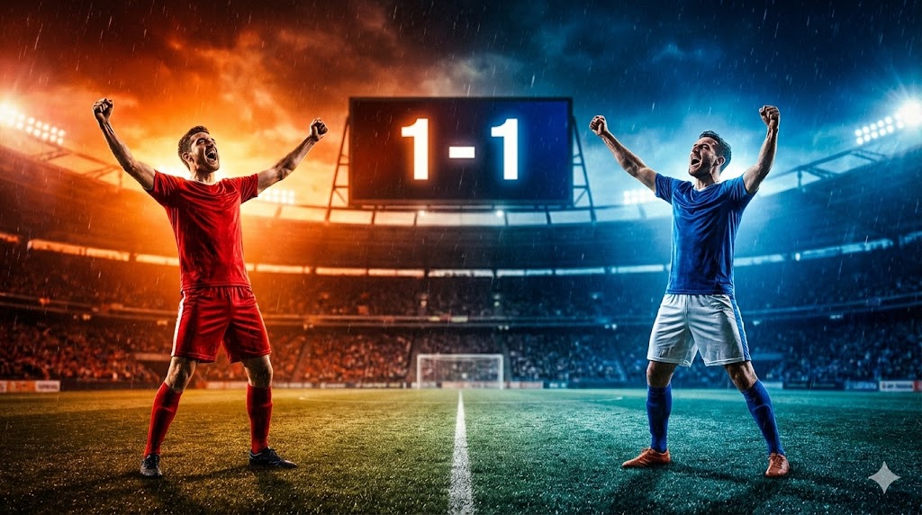 Both teams to score apuestas ilustración de un empate en el marcador con jugadores de fútbol