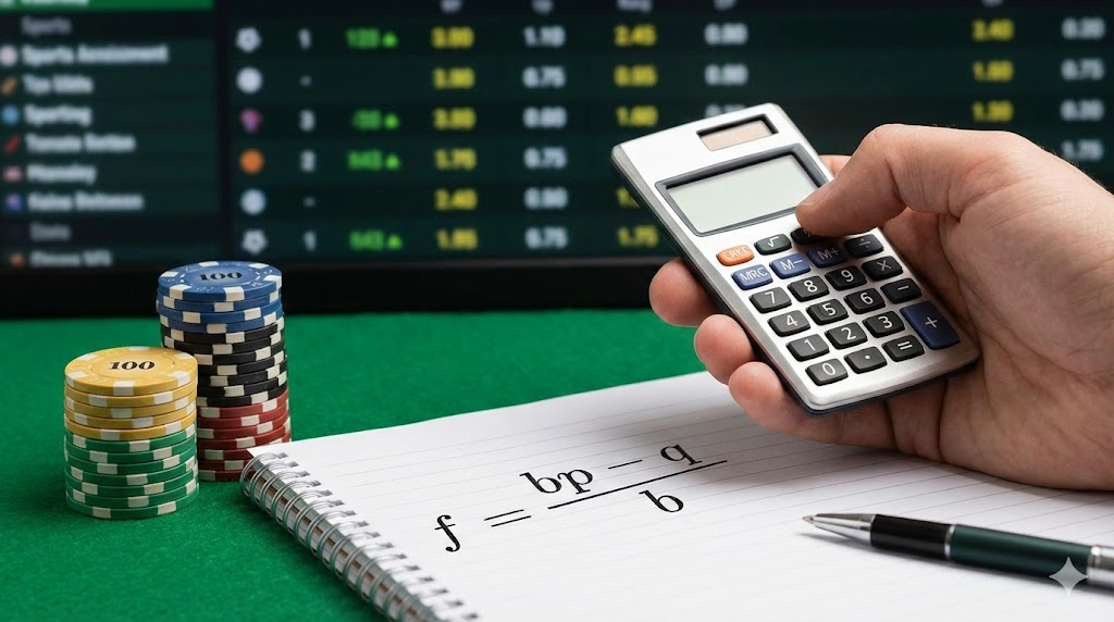 Criterio de Kelly apuestas gráfico que muestra cómo entender el criterio kelly en apuestas, una mano sostiene una calculadora frente a una mesa de poker con fichas para apostar