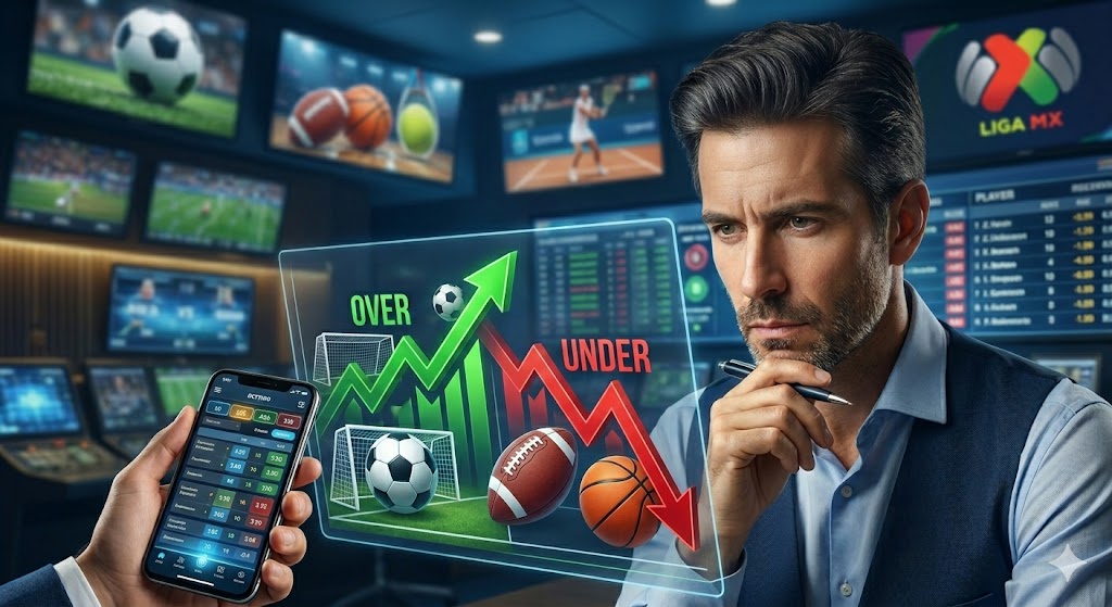 Over under apuestas Gráfico que representa el over unver en apuestas deportivas, hombre pensativo con números de fondo
