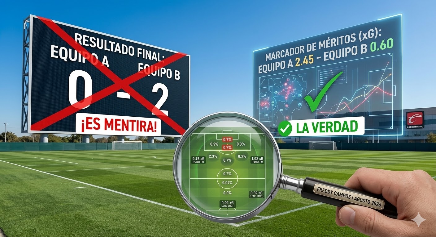Esta imagen de portada de alta calidad y conceptual ofrece una vista de gran angular de un campo de fútbol vacío bajo un cielo azul claro. Un marcador masivo y prominente en el lado izquierdo muestra: "RESULTADO FINAL: EQUIPO A 0 - EQUIPO B 2", pero está tachado con una gran 'X' roja y una pancarta que dice: "¡ES MENTIRA!" (IT'S A LIE!). En el lado derecho, una superposición digital translúcida e iluminada de mapas estadísticos complejos y líneas dinámicas muestra: "MARCADOR DE MÉRITOS (xG): EQUIPO A 2.45 - EQUIPO B 0.60", con una marca de verificación verde y una pancarta que dice: "LA VERDAD" (THE TRUTH). En primer plano, una mano sostiene el mango de una gran lupa, revelando puntos de porcentaje intrincados en un mapa del campo para diferentes ubicaciones de tiro, con pequeñas etiquetas como "0.76 xG (PENALTY)" y "0.02 xG (LONG SHOT)". La propia lupa tiene una pequeña placa en su mango que dice "FREDDY CAMPOS | AGOSTO 2026" (FREDDY CAMPOS | AUGUST 2026). En la lejanía, un edificio tiene un logotipo de Caliente MX. El estilo general es moderno y limpio, combinando iluminación natural con una visualización de datos detallada.