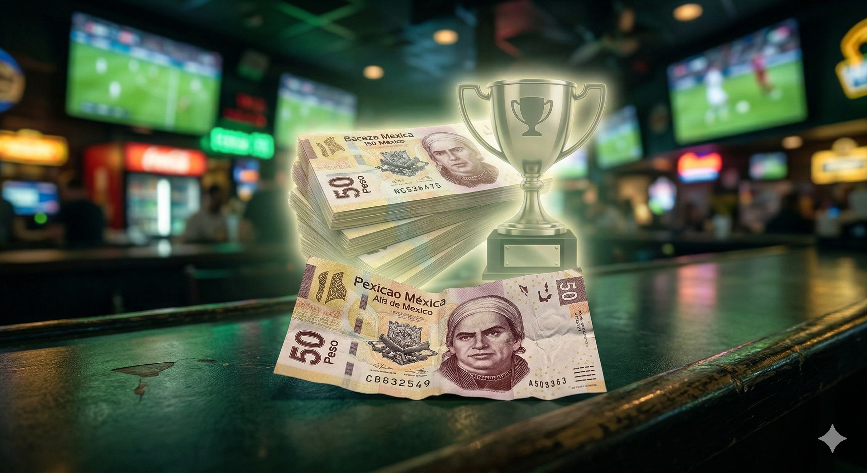 Esta imagen conceptual captura la "ilusión de transformación" central de la nota. En un primer plano de un mostrador de apuestas oscuro y ligeramente gastado, un billete de 50 pesos mexicanos arrugado descansa junto a una pila de fichas de casino. Detrás de ellos, como un reflejo o superposición luminosa, se alza un cúmulo de fajos de billetes de 500 pesos y un trofeo de campeonato genérico y brillante, visualizando el pago masivo potencial. El fondo es un bar deportivo atmosférico y borroso, con pantallas que muestran acción de juego.